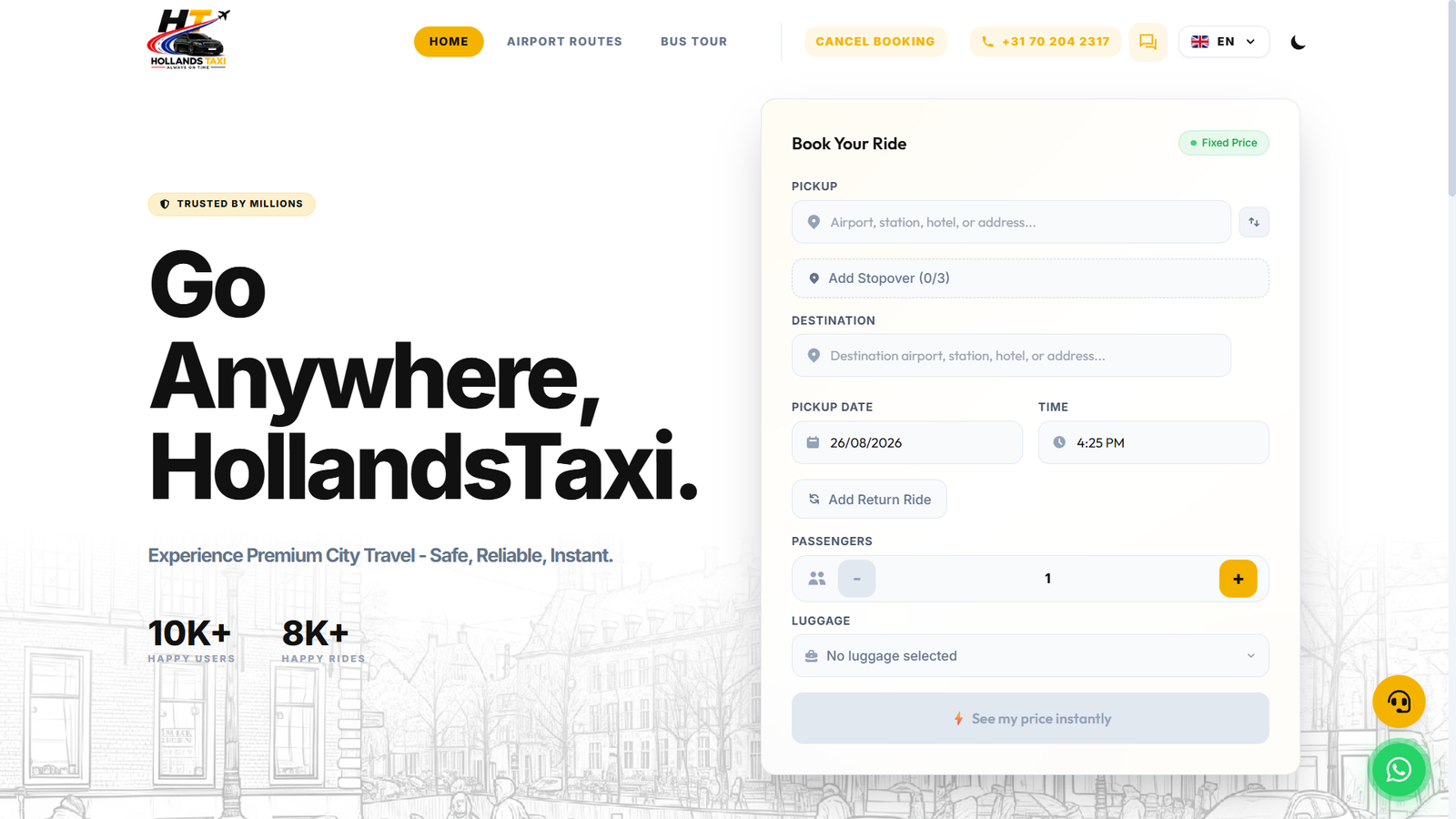Holland's Taxi - Booking platform homepage